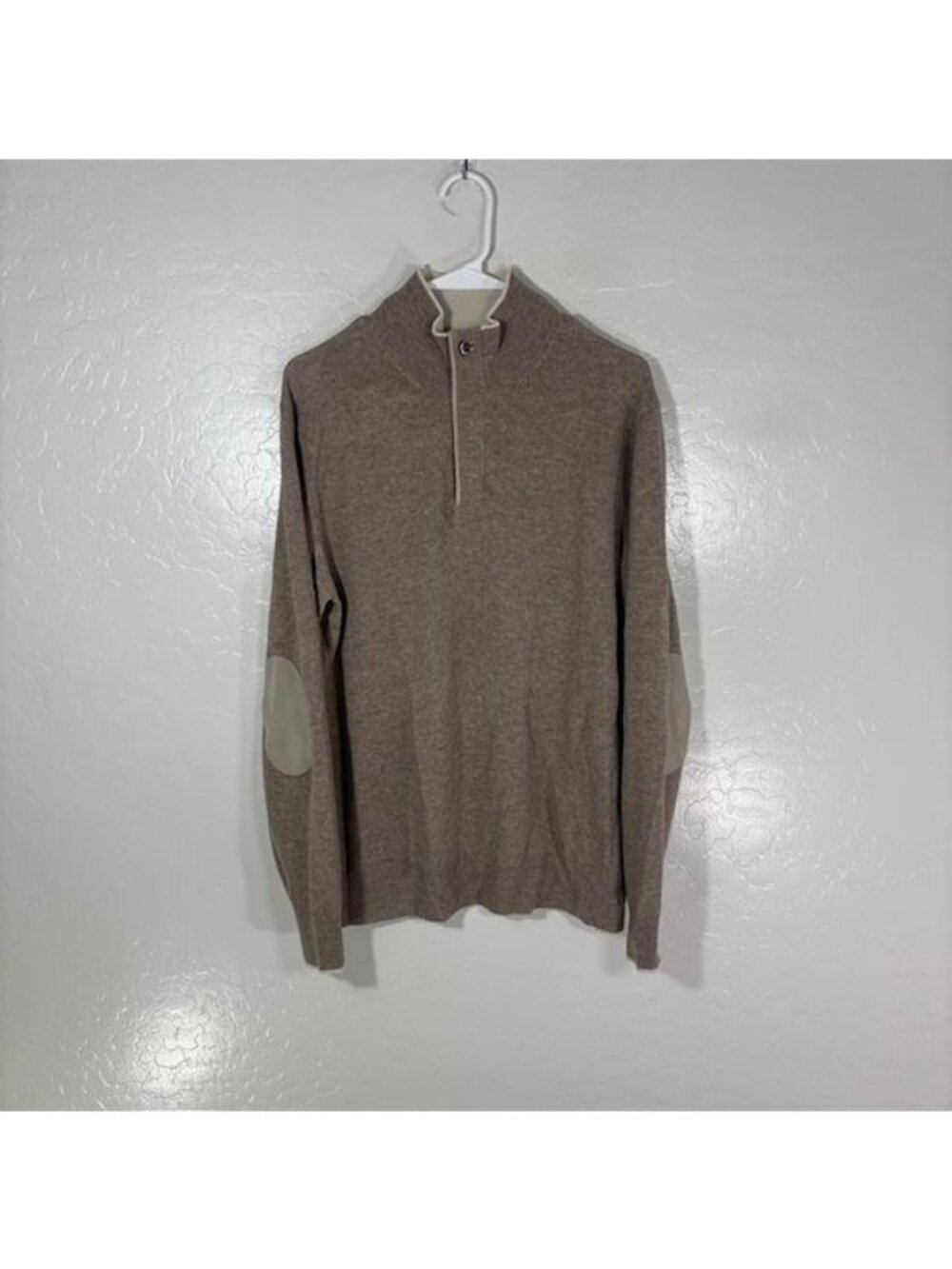 Boggi Milano Sweater Mens Large Beige Cashmere Mock Neck Elbow Patch Pullover
